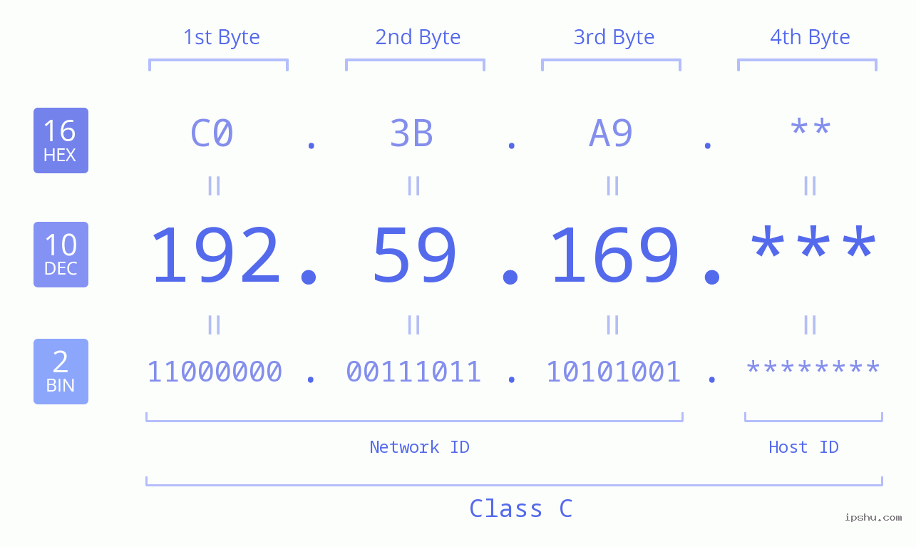 IP Address: 192.59.169 Data Structure Chart BIN DEC HEX IPv4: 192.59.169 Network Class, Net ID, Host ID
