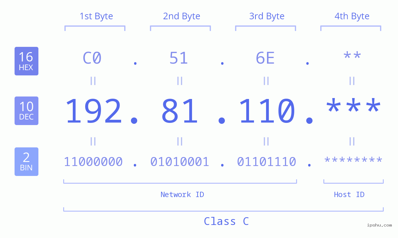 IP Address: 192.81.110 Data Structure Chart BIN DEC HEX IPv4: 192.81.110 Network Class, Net ID, Host ID