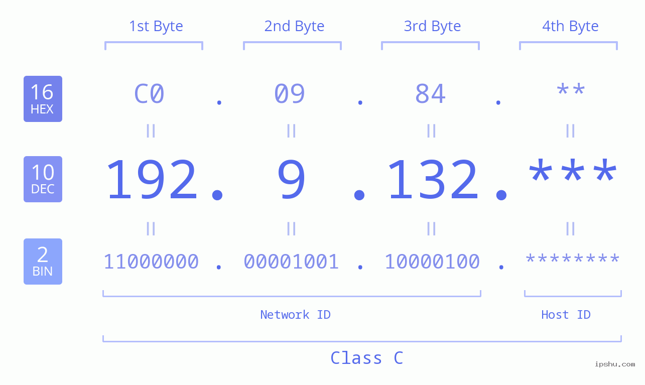 IP Address: 192.9.132 Data Structure Chart BIN DEC HEX IPv4: 192.9.132 Network Class, Net ID, Host ID