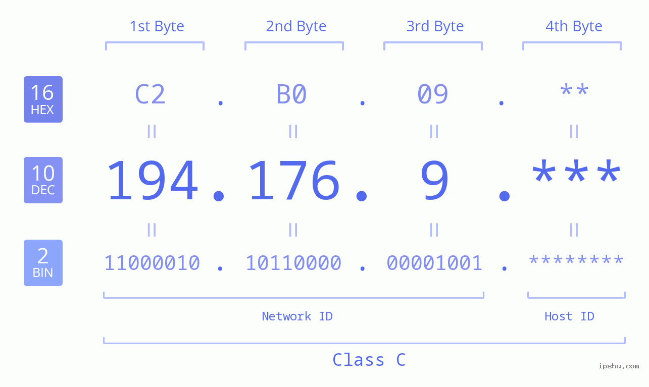 IP Address: 194.176.9 Data Structure Chart BIN DEC HEX IPv4: 194.176.9 Network Class, Net ID, Host ID