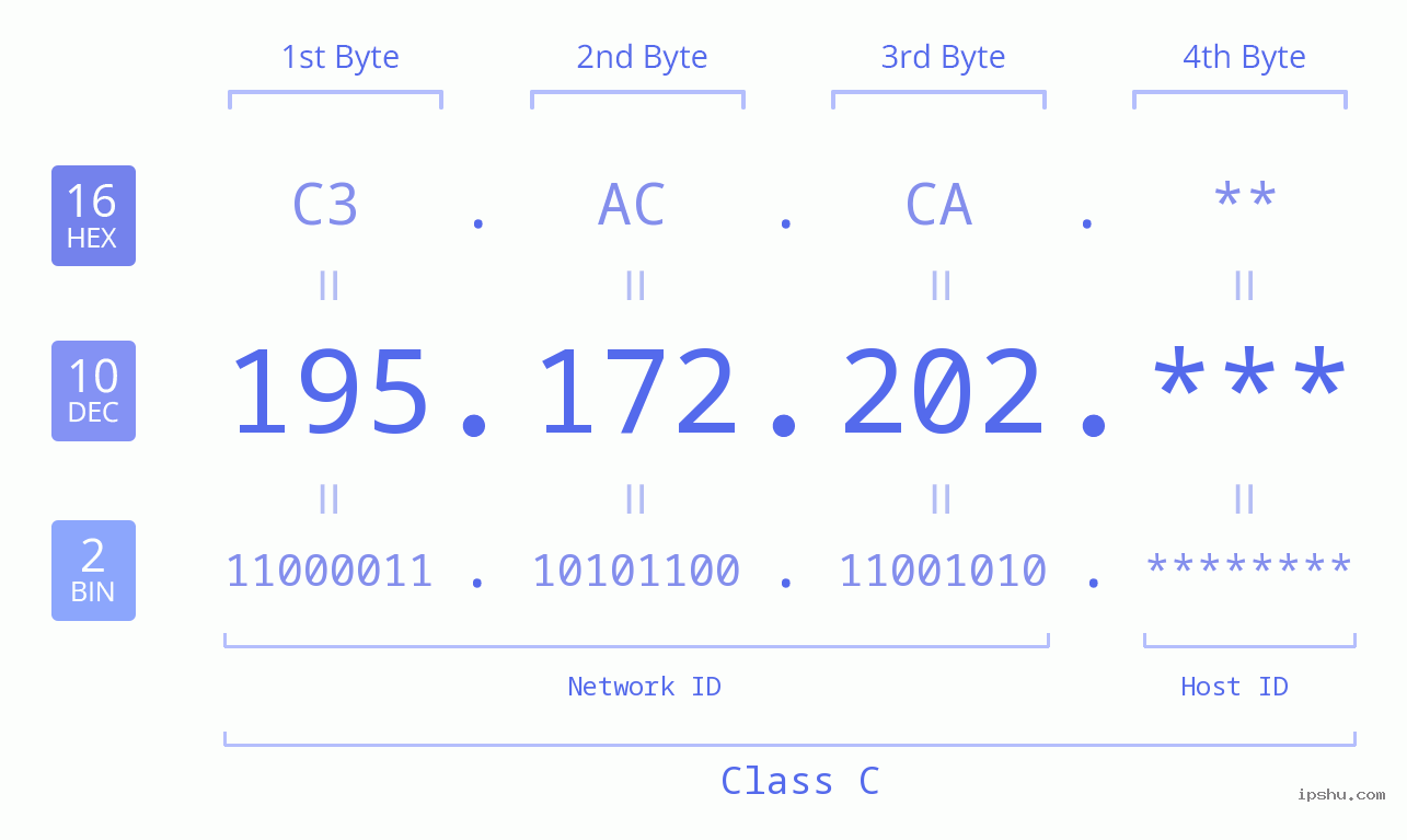 IP Address: 195.172.202 Data Structure Chart BIN DEC HEX IPv4: 195.172.202 Network Class, Net ID, Host ID
