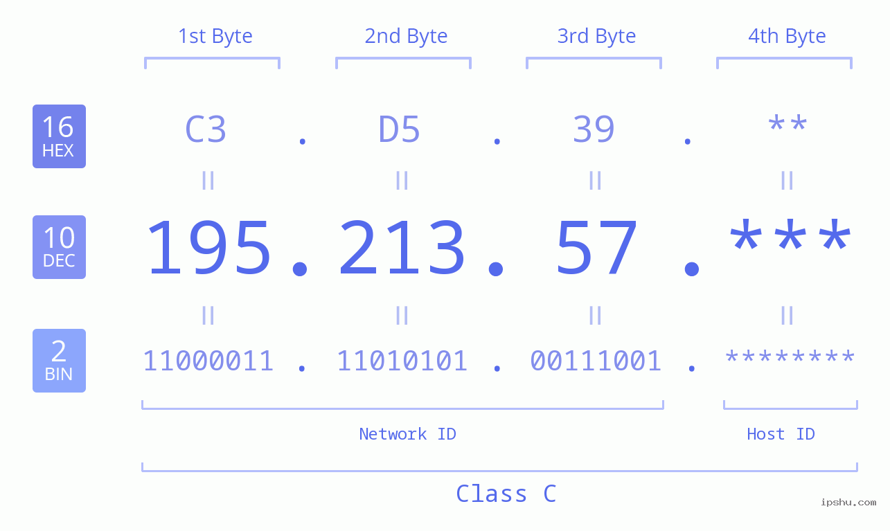 IP Address: 195.213.57 Data Structure Chart BIN DEC HEX IPv4: 195.213.57 Network Class, Net ID, Host ID