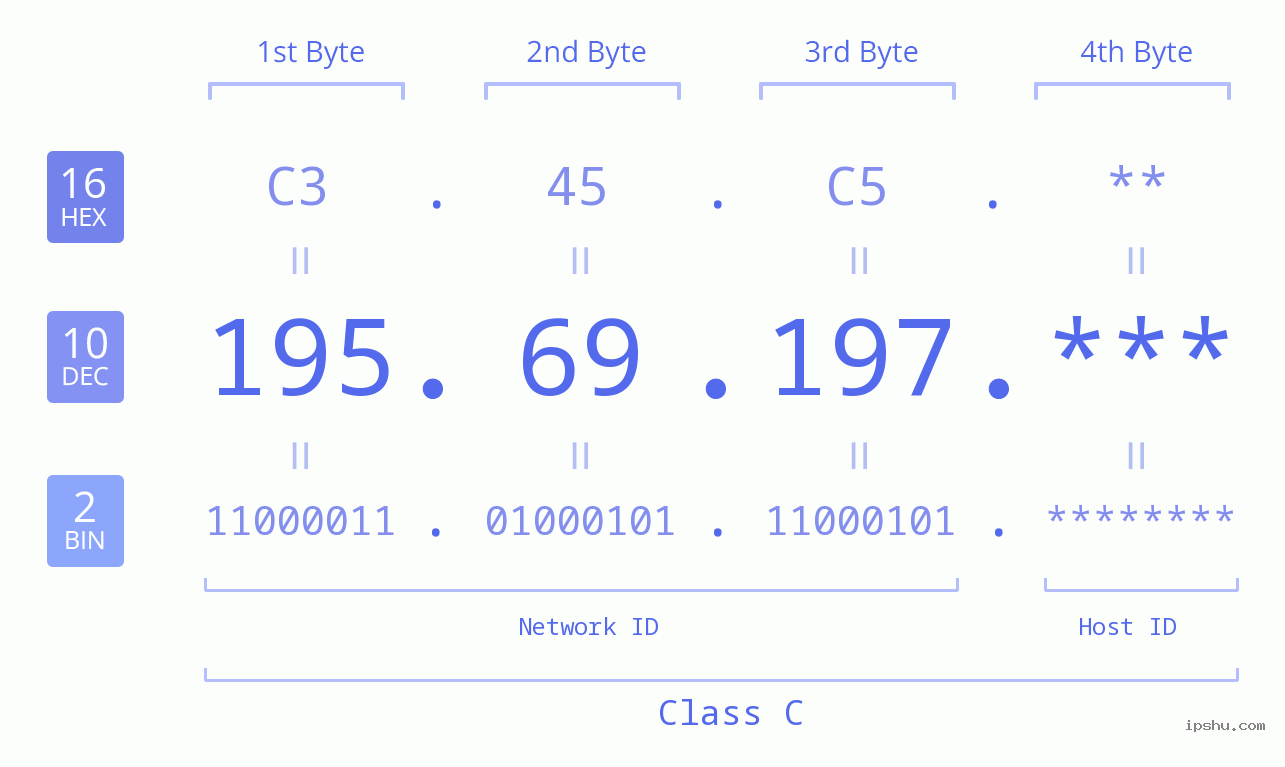 IP Address: 195.69.197 Data Structure Chart BIN DEC HEX IPv4: 195.69.197 Network Class, Net ID, Host ID