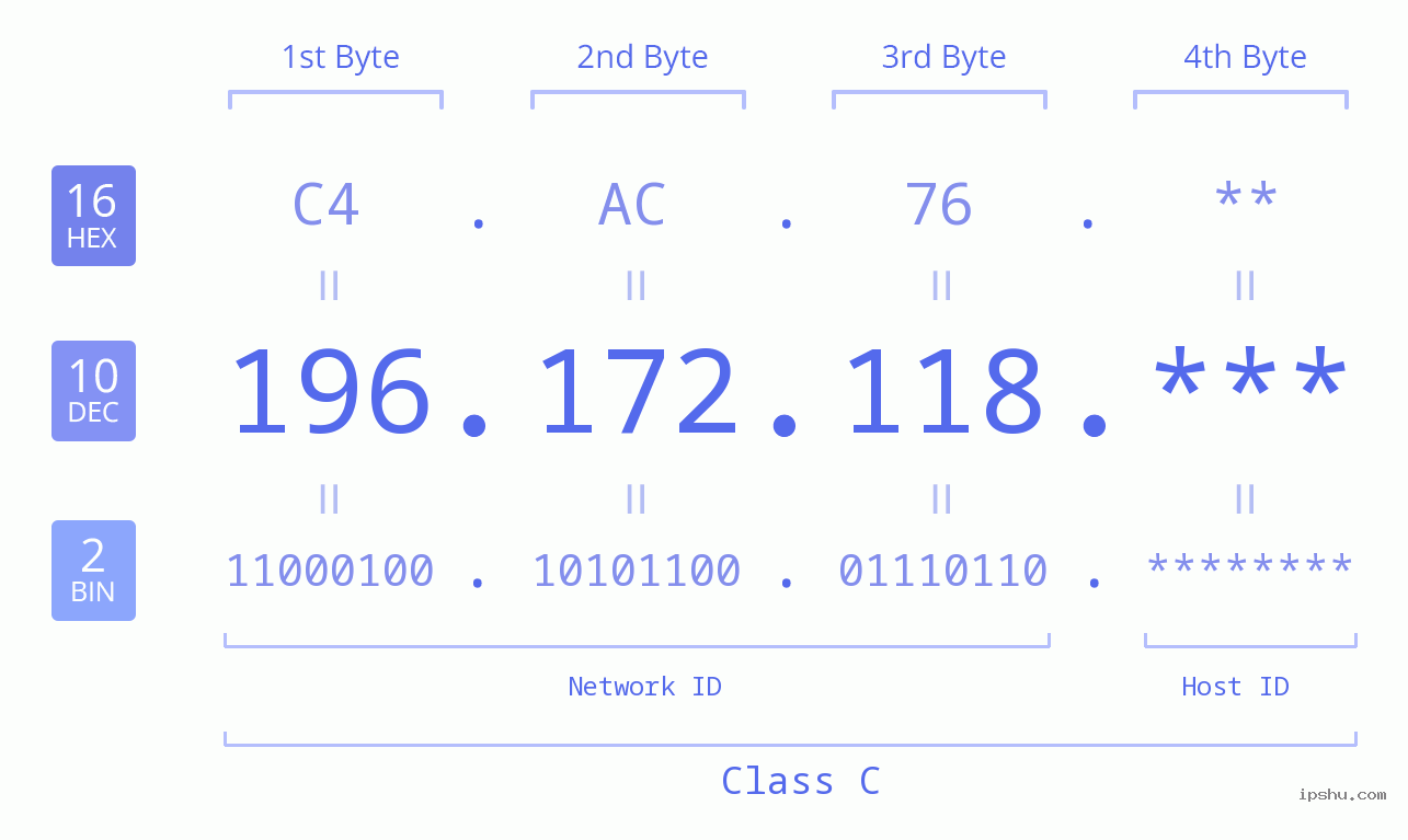 IP Address: 196.172.118 Data Structure Chart BIN DEC HEX IPv4: 196.172.118 Network Class, Net ID, Host ID