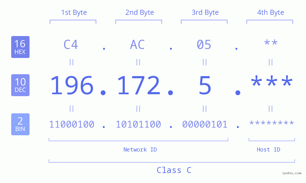 IP Address: 196.172.5 Data Structure Chart BIN DEC HEX IPv4: 196.172.5 Network Class, Net ID, Host ID