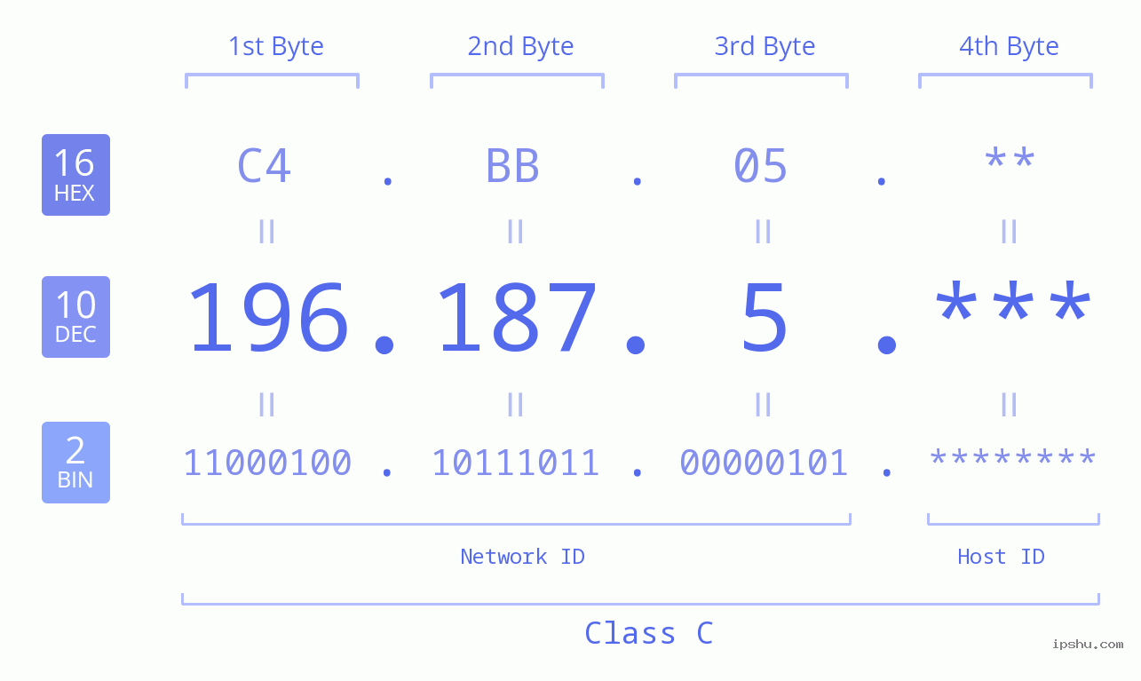 IP Address: 196.187.5 Data Structure Chart BIN DEC HEX IPv4: 196.187.5 Network Class, Net ID, Host ID