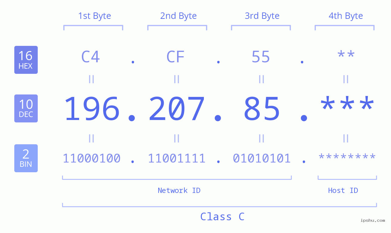 IP Address: 196.207.85 Data Structure Chart BIN DEC HEX IPv4: 196.207.85 Network Class, Net ID, Host ID
