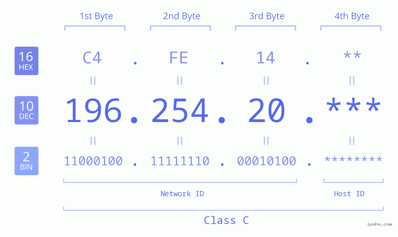 IP Address: 196.254.20 Data Structure Chart BIN DEC HEX IPv4: 196.254.20 Network Class, Net ID, Host ID