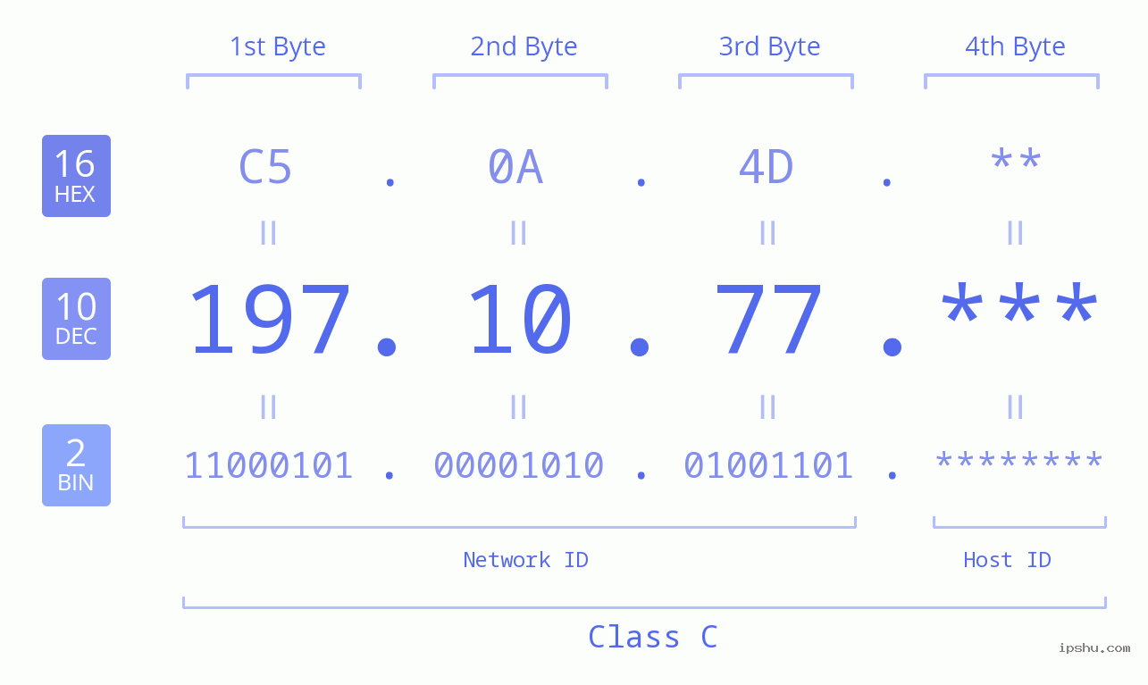 IP Address: 197.10.77 Data Structure Chart BIN DEC HEX IPv4: 197.10.77 Network Class, Net ID, Host ID