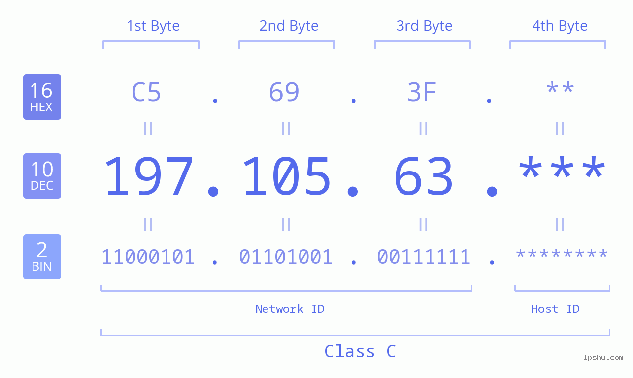 IP Address: 197.105.63 Data Structure Chart BIN DEC HEX IPv4: 197.105.63 Network Class, Net ID, Host ID