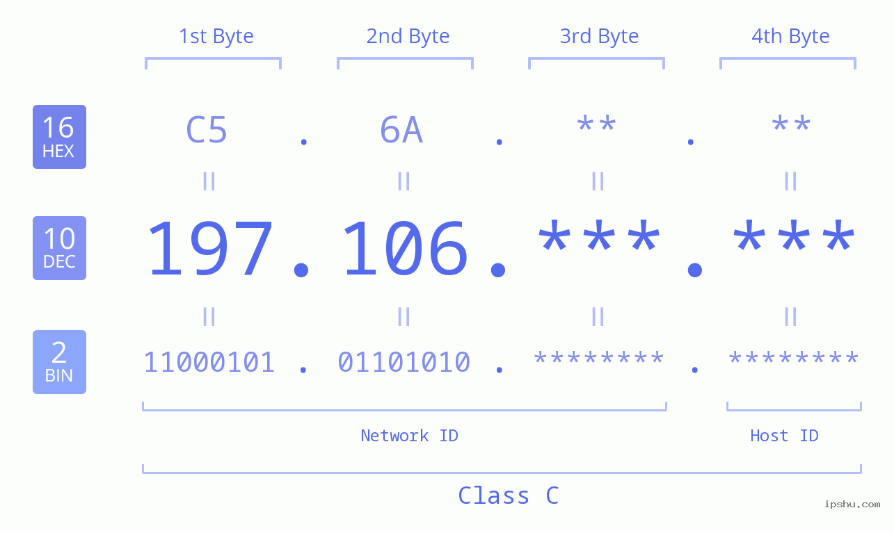 IP Address: 197.106 Data Structure Chart BIN DEC HEX IPv4: 197.106 Network Class, Net ID, Host ID