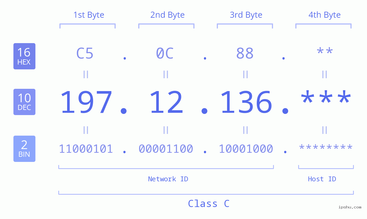 IP Address: 197.12.136 Data Structure Chart BIN DEC HEX IPv4: 197.12.136 Network Class, Net ID, Host ID