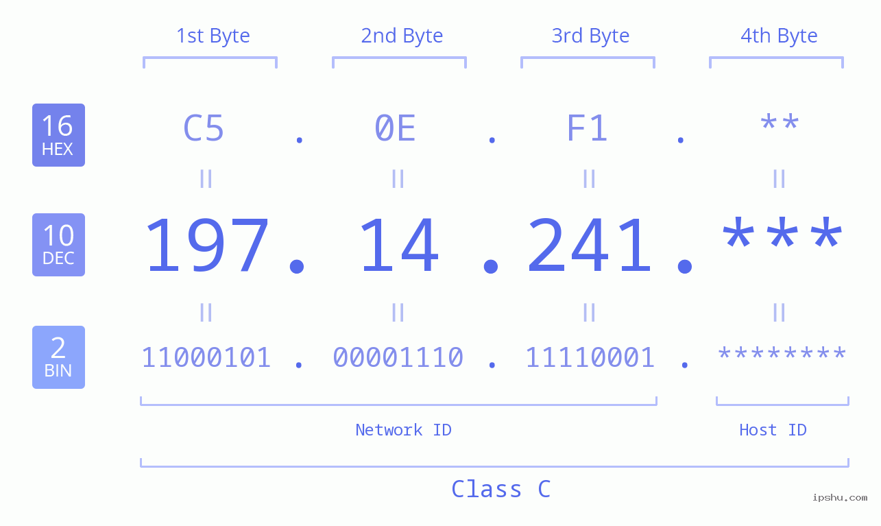 IP Address: 197.14.241 Data Structure Chart BIN DEC HEX IPv4: 197.14.241 Network Class, Net ID, Host ID