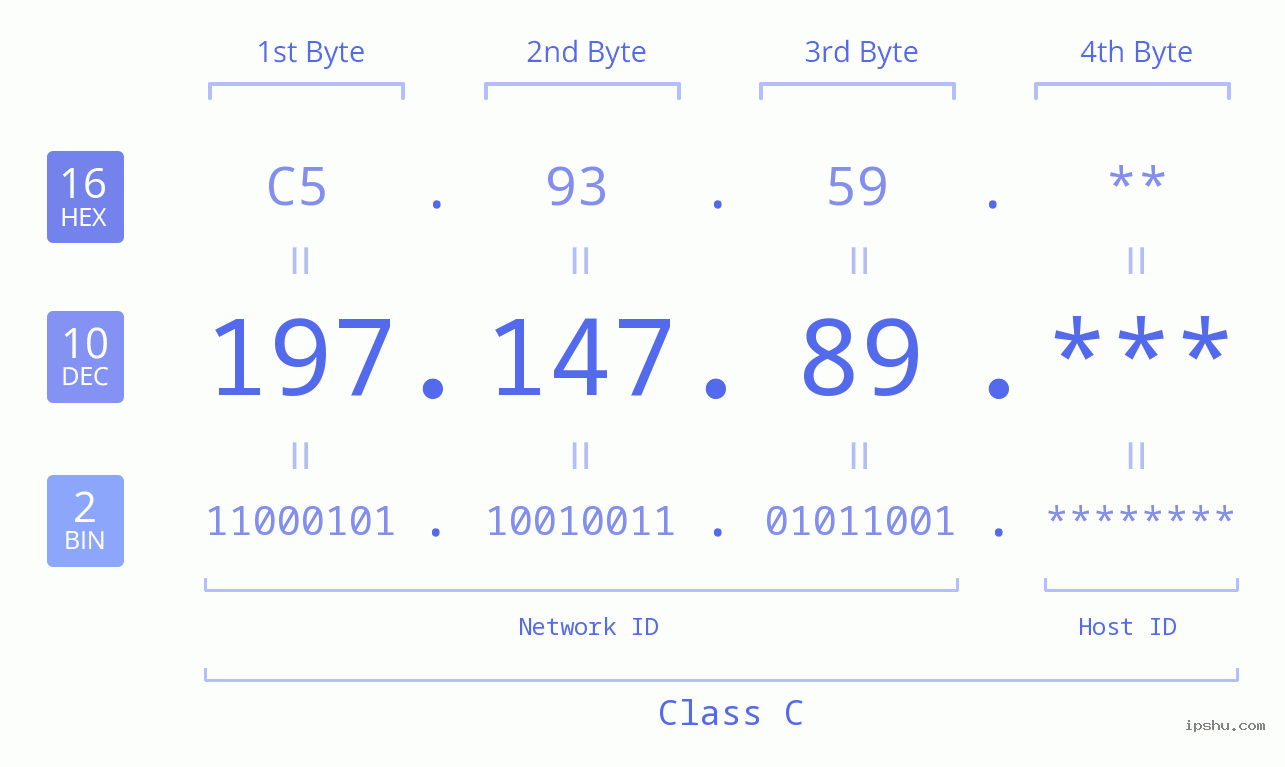 IP Address: 197.147.89 Data Structure Chart BIN DEC HEX IPv4: 197.147.89 Network Class, Net ID, Host ID