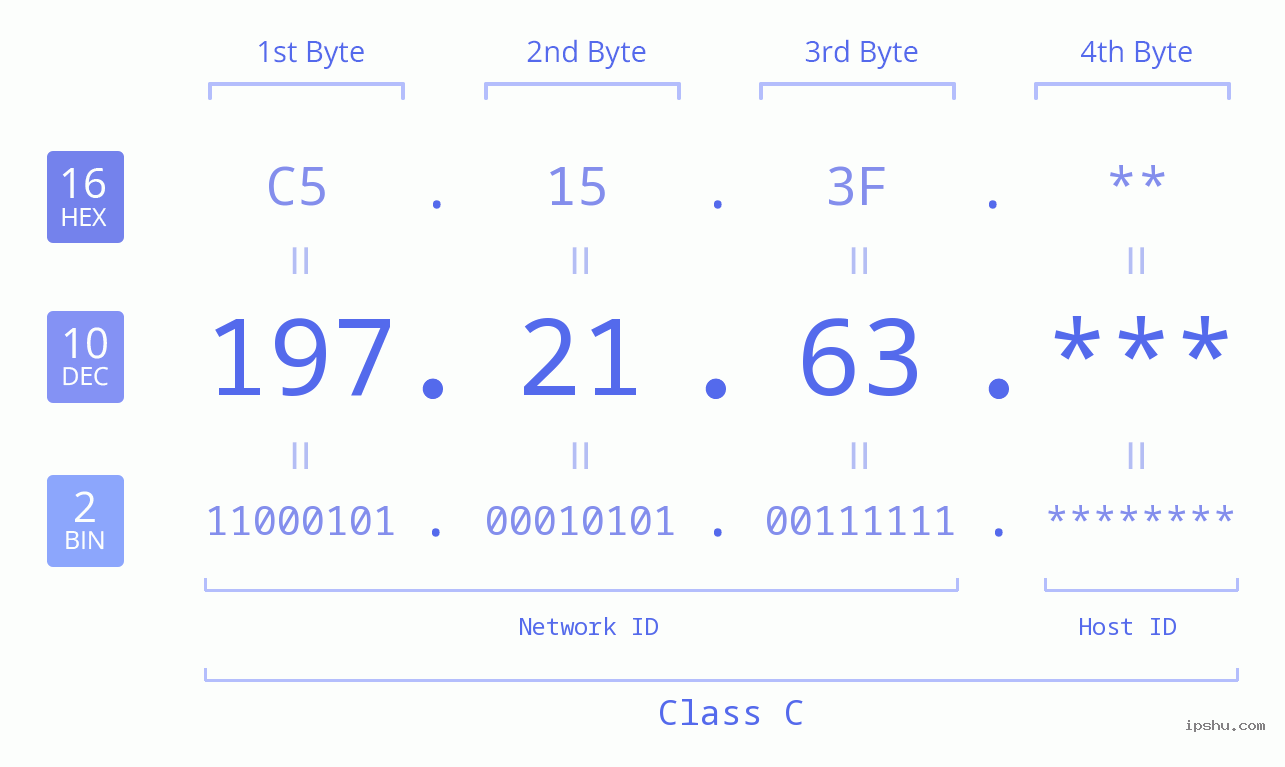 IP Address: 197.21.63 Data Structure Chart BIN DEC HEX IPv4: 197.21.63 Network Class, Net ID, Host ID