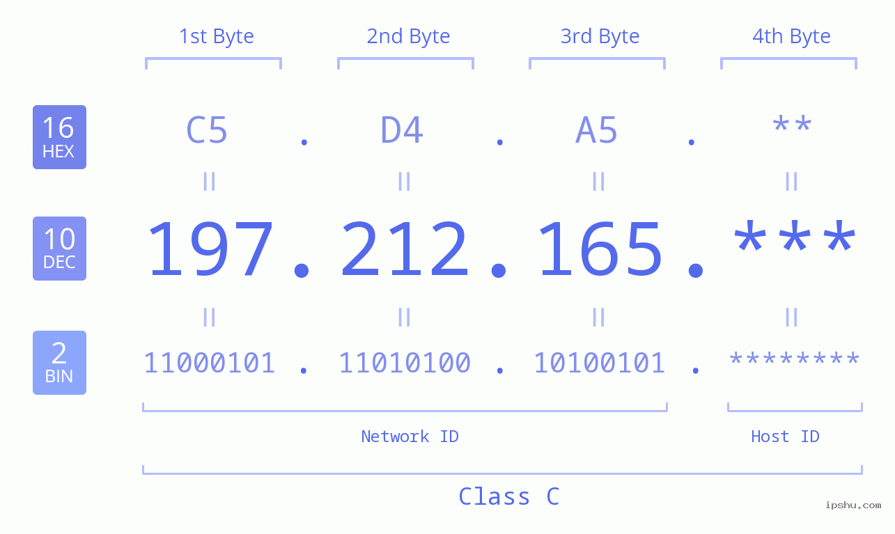 IP Address: 197.212.165 Data Structure Chart BIN DEC HEX IPv4: 197.212.165 Network Class, Net ID, Host ID