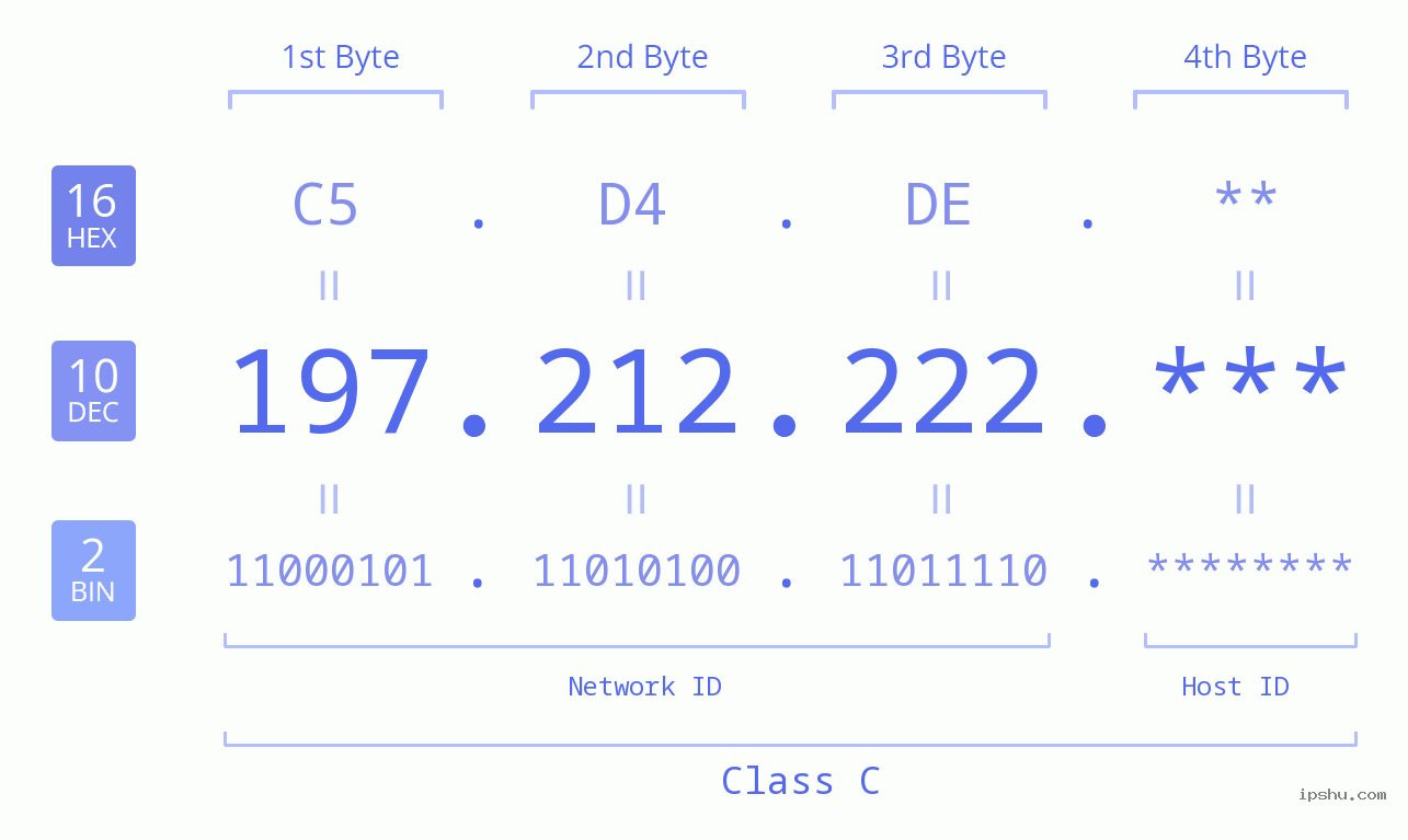 IP Address: 197.212.222 Data Structure Chart BIN DEC HEX IPv4: 197.212.222 Network Class, Net ID, Host ID