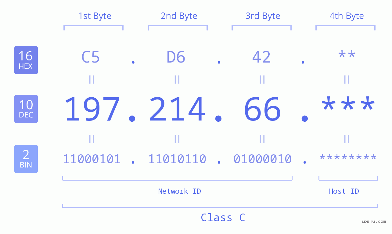 IP Address: 197.214.66 Data Structure Chart BIN DEC HEX IPv4: 197.214.66 Network Class, Net ID, Host ID