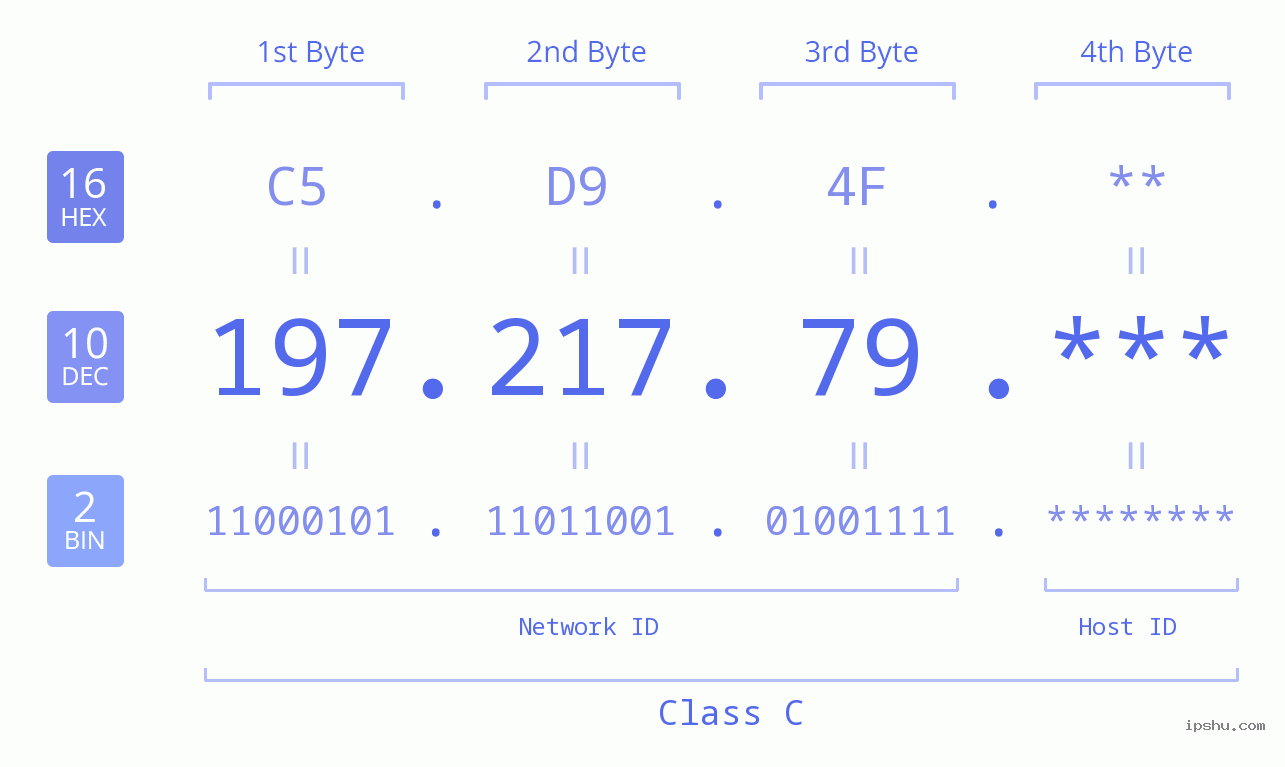 IP Address: 197.217.79 Data Structure Chart BIN DEC HEX IPv4: 197.217.79 Network Class, Net ID, Host ID