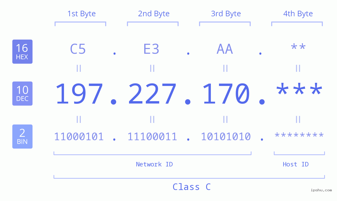 IP Address: 197.227.170 Data Structure Chart BIN DEC HEX IPv4: 197.227.170 Network Class, Net ID, Host ID