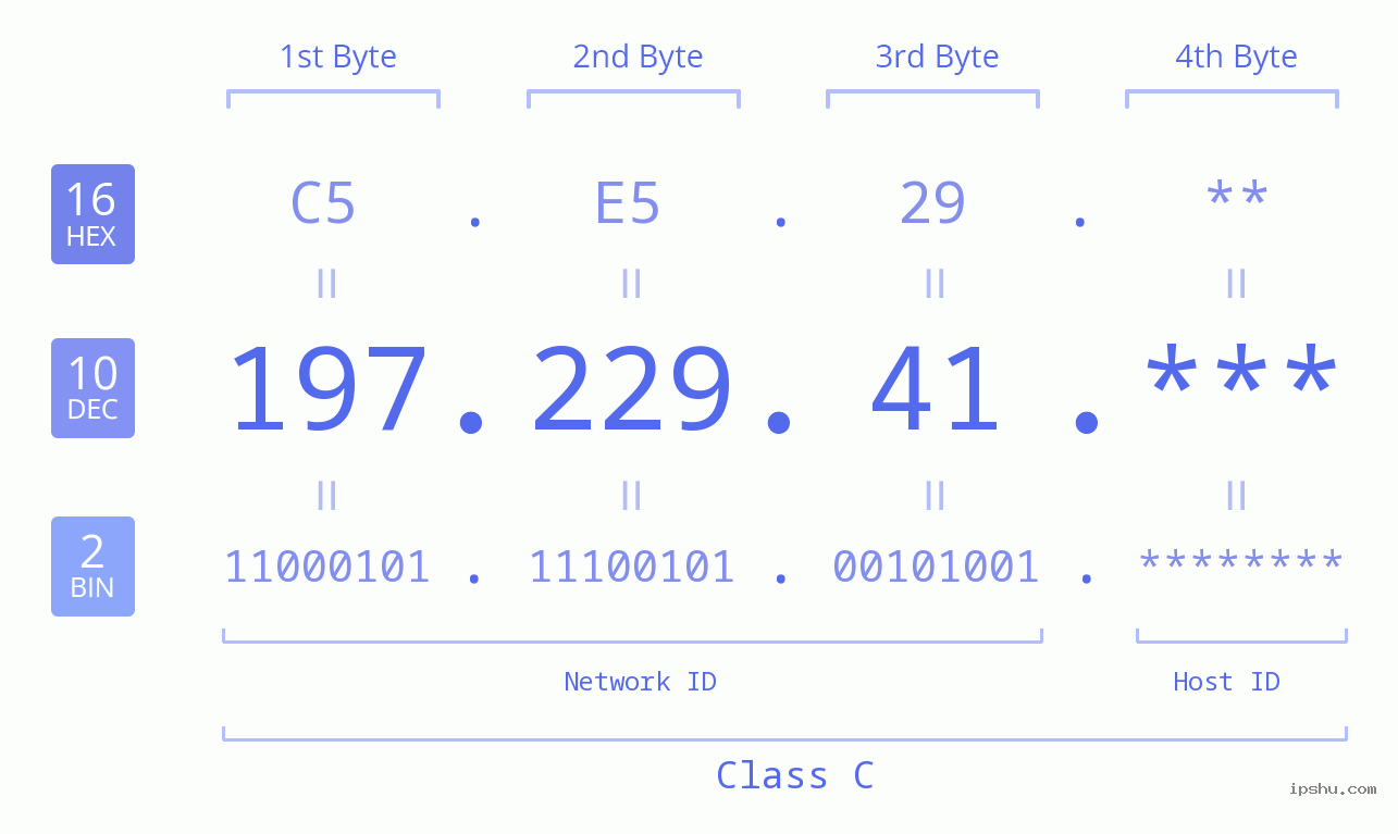 IP Address: 197.229.41 Data Structure Chart BIN DEC HEX IPv4: 197.229.41 Network Class, Net ID, Host ID