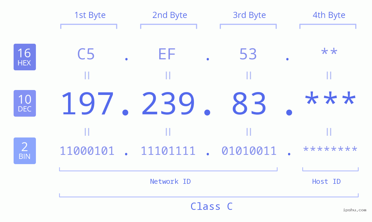 IP Address: 197.239.83 Data Structure Chart BIN DEC HEX IPv4: 197.239.83 Network Class, Net ID, Host ID