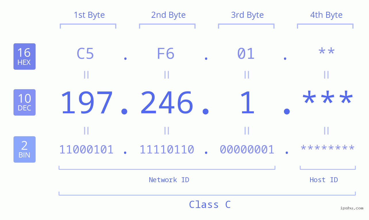 IP Address: 197.246.1 Data Structure Chart BIN DEC HEX IPv4: 197.246.1 Network Class, Net ID, Host ID