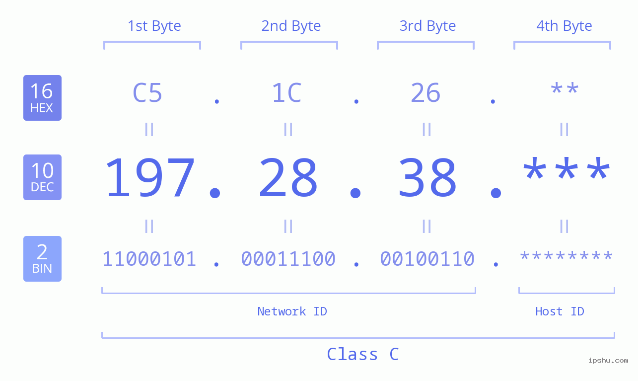 IP Address: 197.28.38 Data Structure Chart BIN DEC HEX IPv4: 197.28.38 Network Class, Net ID, Host ID