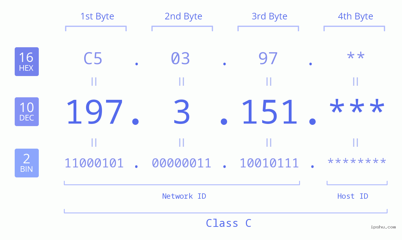 IP Address: 197.3.151 Data Structure Chart BIN DEC HEX IPv4: 197.3.151 Network Class, Net ID, Host ID