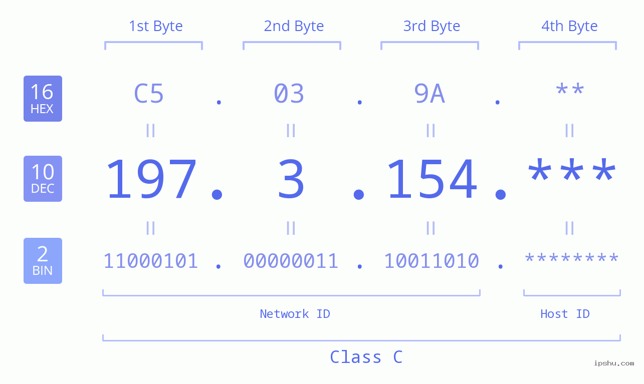 IP Address: 197.3.154 Data Structure Chart BIN DEC HEX IPv4: 197.3.154 Network Class, Net ID, Host ID