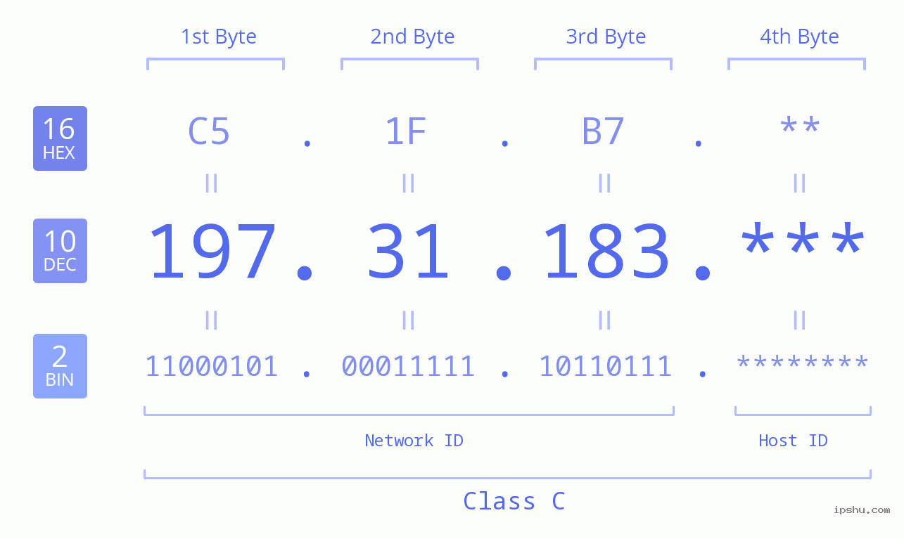 IP Address: 197.31.183 Data Structure Chart BIN DEC HEX IPv4: 197.31.183 Network Class, Net ID, Host ID