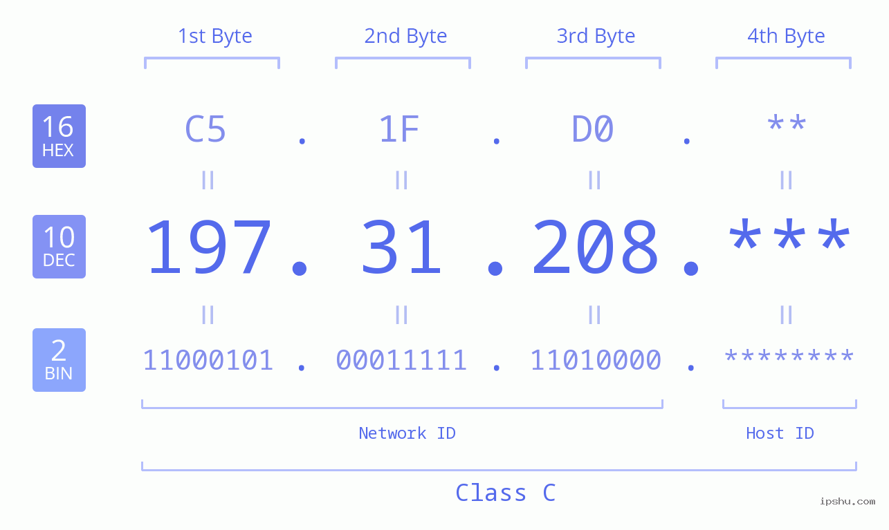 IP Address: 197.31.208 Data Structure Chart BIN DEC HEX IPv4: 197.31.208 Network Class, Net ID, Host ID