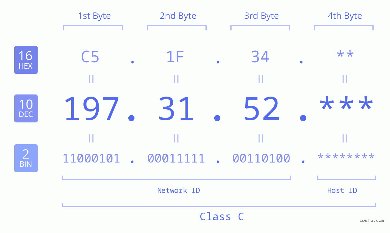 IP Address: 197.31.52 Data Structure Chart BIN DEC HEX IPv4: 197.31.52 Network Class, Net ID, Host ID