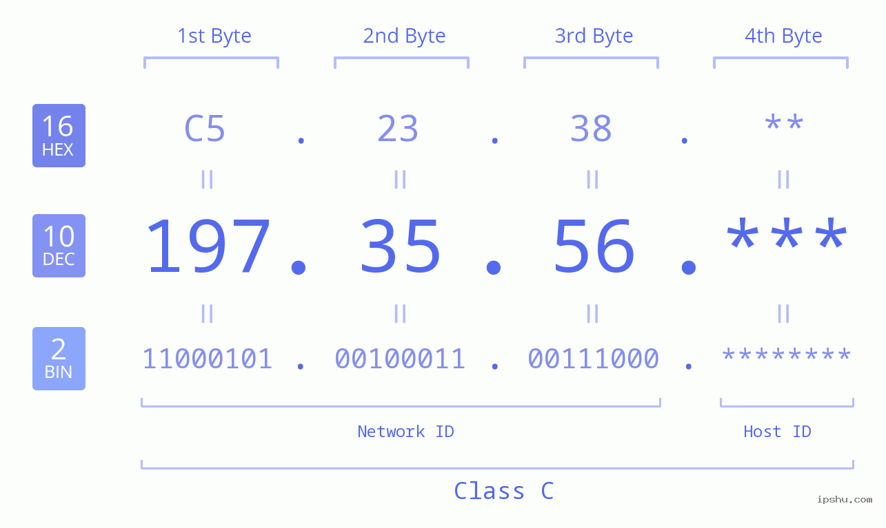 IP Address: 197.35.56 Data Structure Chart BIN DEC HEX IPv4: 197.35.56 Network Class, Net ID, Host ID