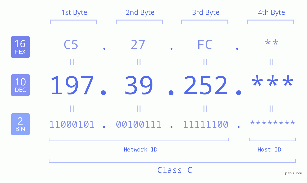 IP Address: 197.39.252 Data Structure Chart BIN DEC HEX IPv4: 197.39.252 Network Class, Net ID, Host ID