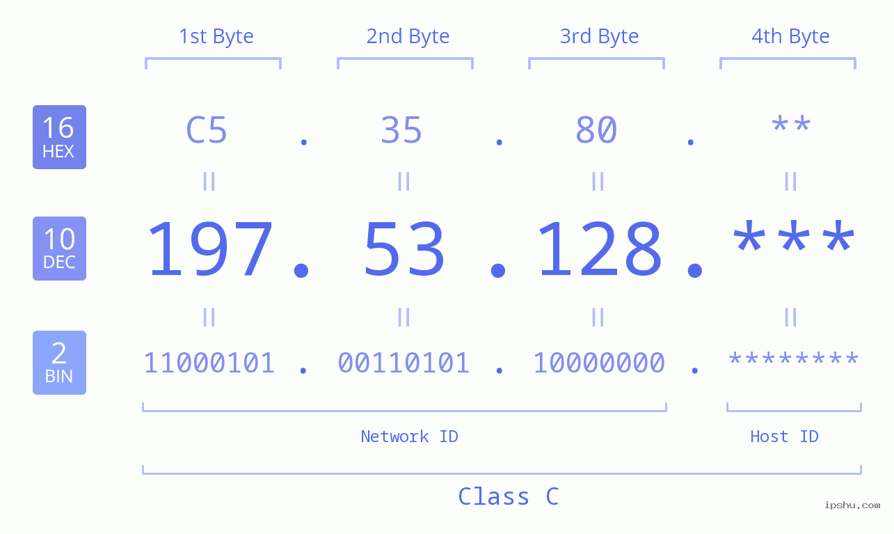 IP Address: 197.53.128 Data Structure Chart BIN DEC HEX IPv4: 197.53.128 Network Class, Net ID, Host ID