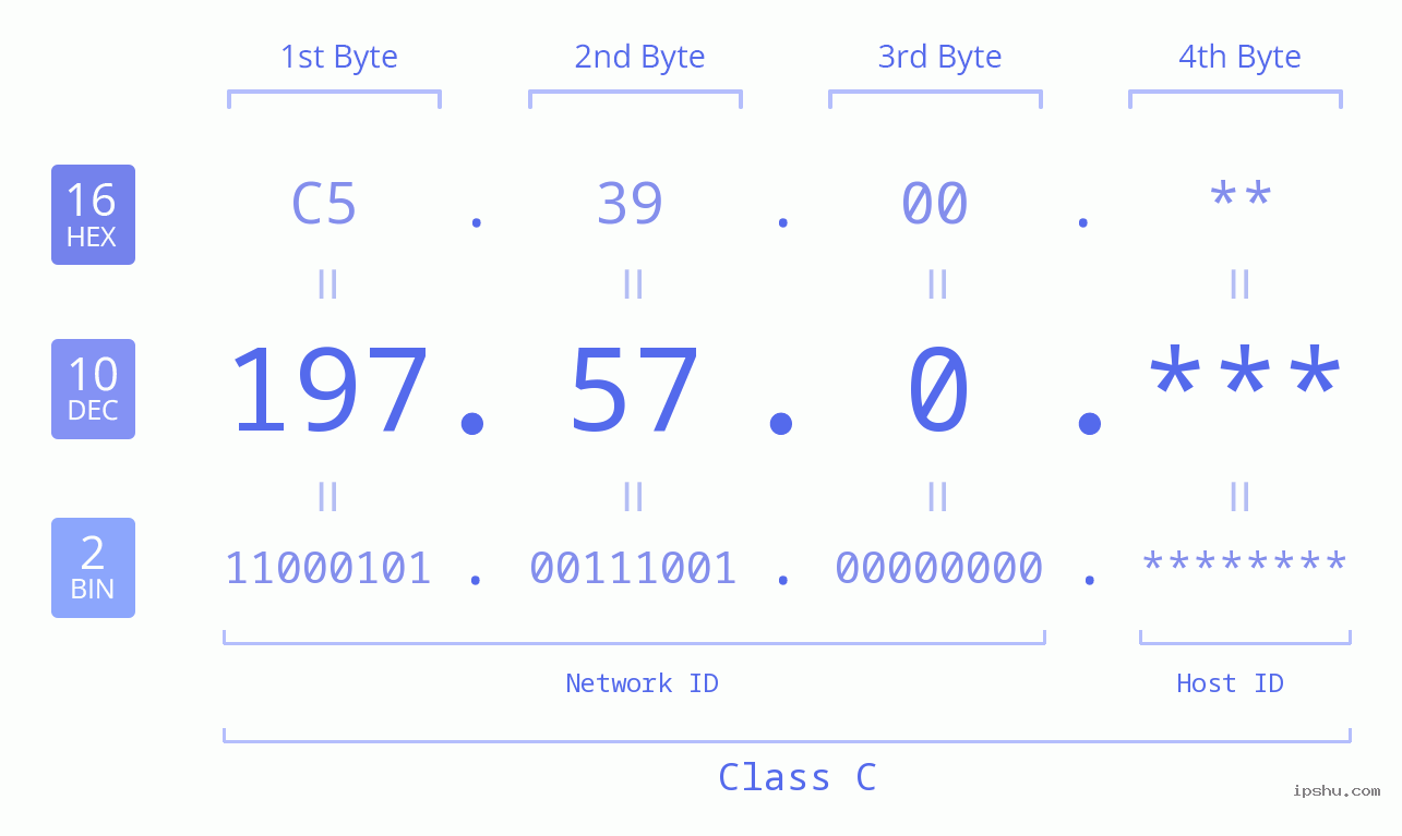 IP Address: 197.57.0 Data Structure Chart BIN DEC HEX IPv4: 197.57.0 Network Class, Net ID, Host ID