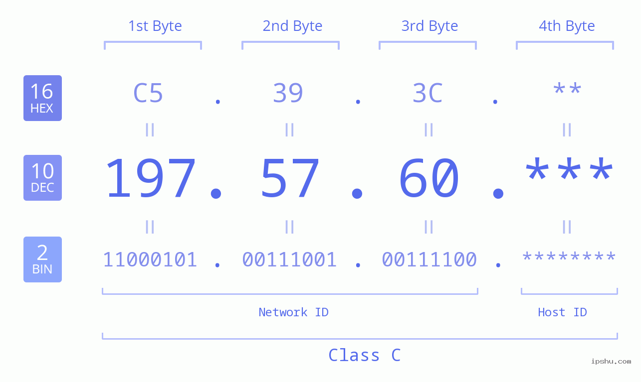 IP Address: 197.57.60 Data Structure Chart BIN DEC HEX IPv4: 197.57.60 Network Class, Net ID, Host ID