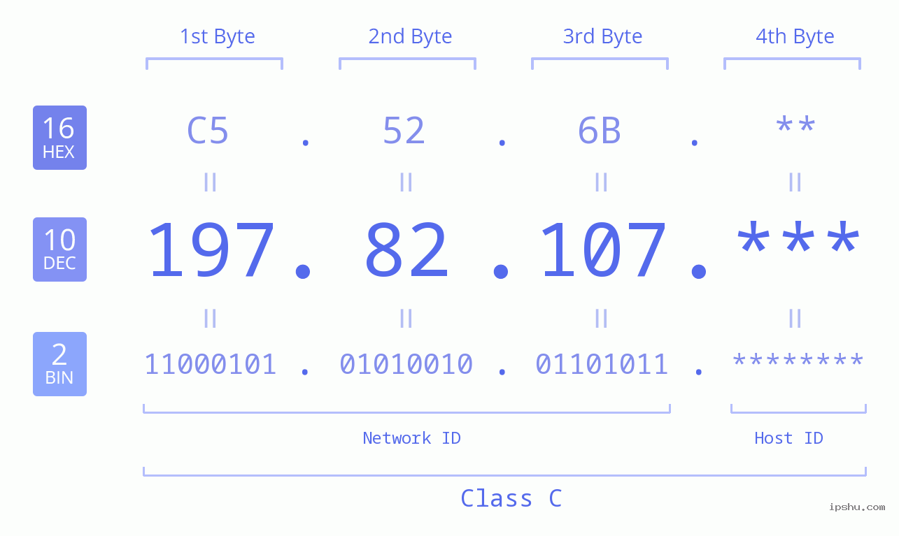 IP Address: 197.82.107 Data Structure Chart BIN DEC HEX IPv4: 197.82.107 Network Class, Net ID, Host ID