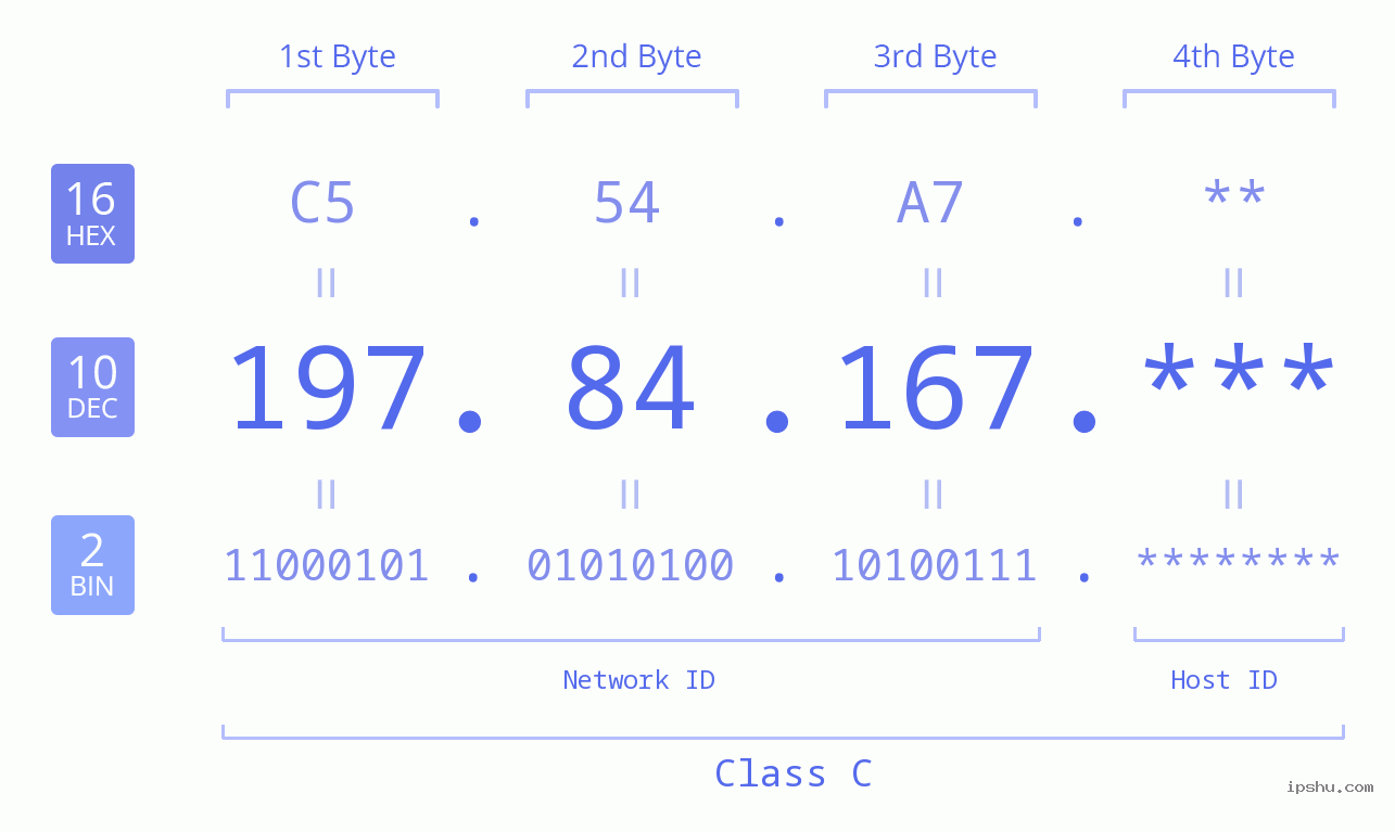 IP Address: 197.84.167 Data Structure Chart BIN DEC HEX IPv4: 197.84.167 Network Class, Net ID, Host ID