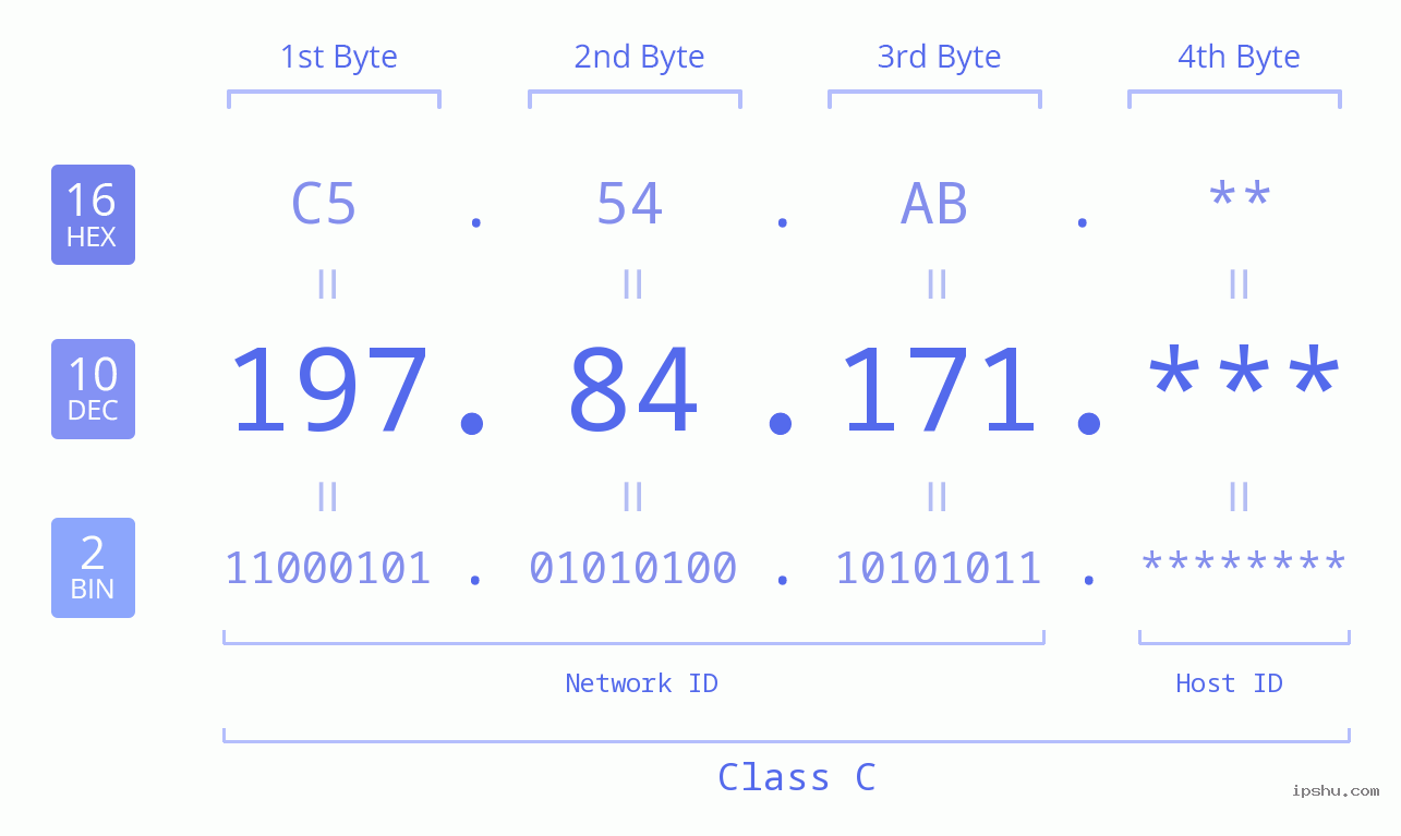 IP Address: 197.84.171 Data Structure Chart BIN DEC HEX IPv4: 197.84.171 Network Class, Net ID, Host ID