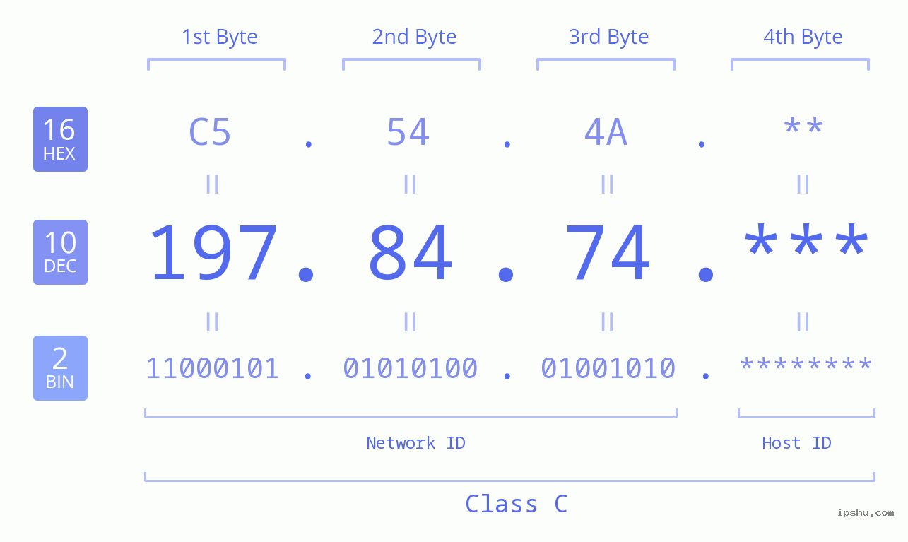 IP Address: 197.84.74 Data Structure Chart BIN DEC HEX IPv4: 197.84.74 Network Class, Net ID, Host ID
