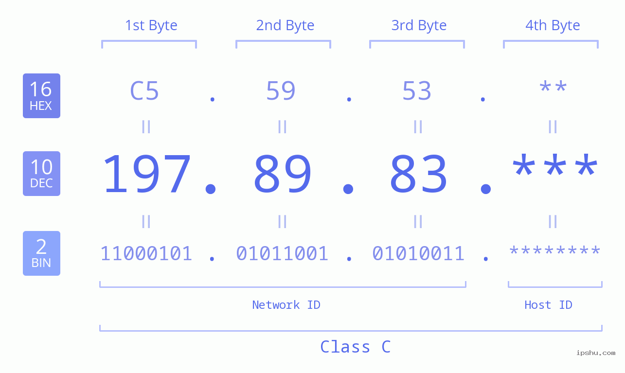 IP Address: 197.89.83 Data Structure Chart BIN DEC HEX IPv4: 197.89.83 Network Class, Net ID, Host ID