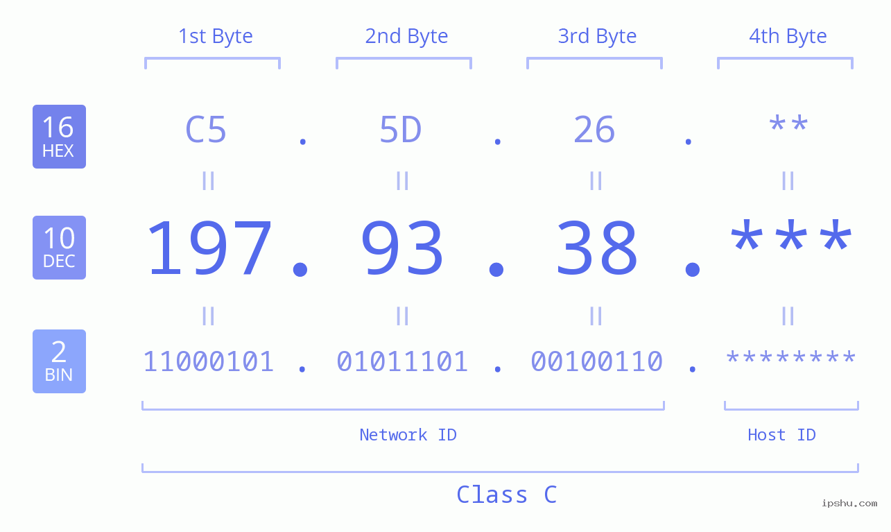 IP Address: 197.93.38 Data Structure Chart BIN DEC HEX IPv4: 197.93.38 Network Class, Net ID, Host ID