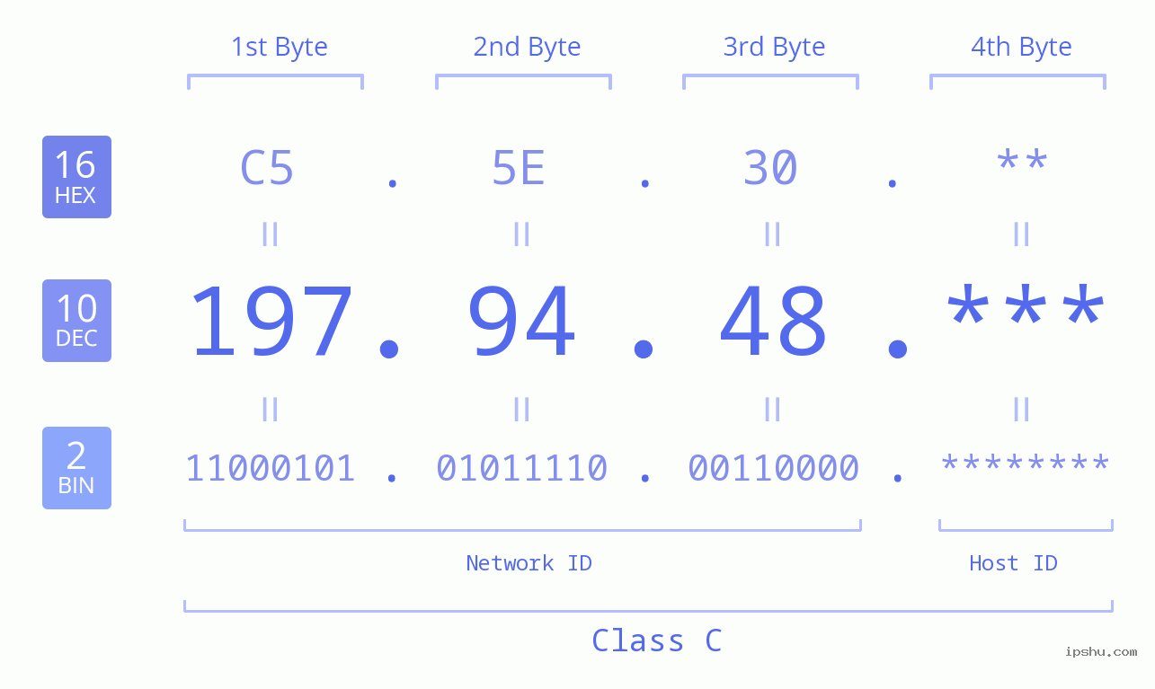 IP Address: 197.94.48 Data Structure Chart BIN DEC HEX IPv4: 197.94.48 Network Class, Net ID, Host ID