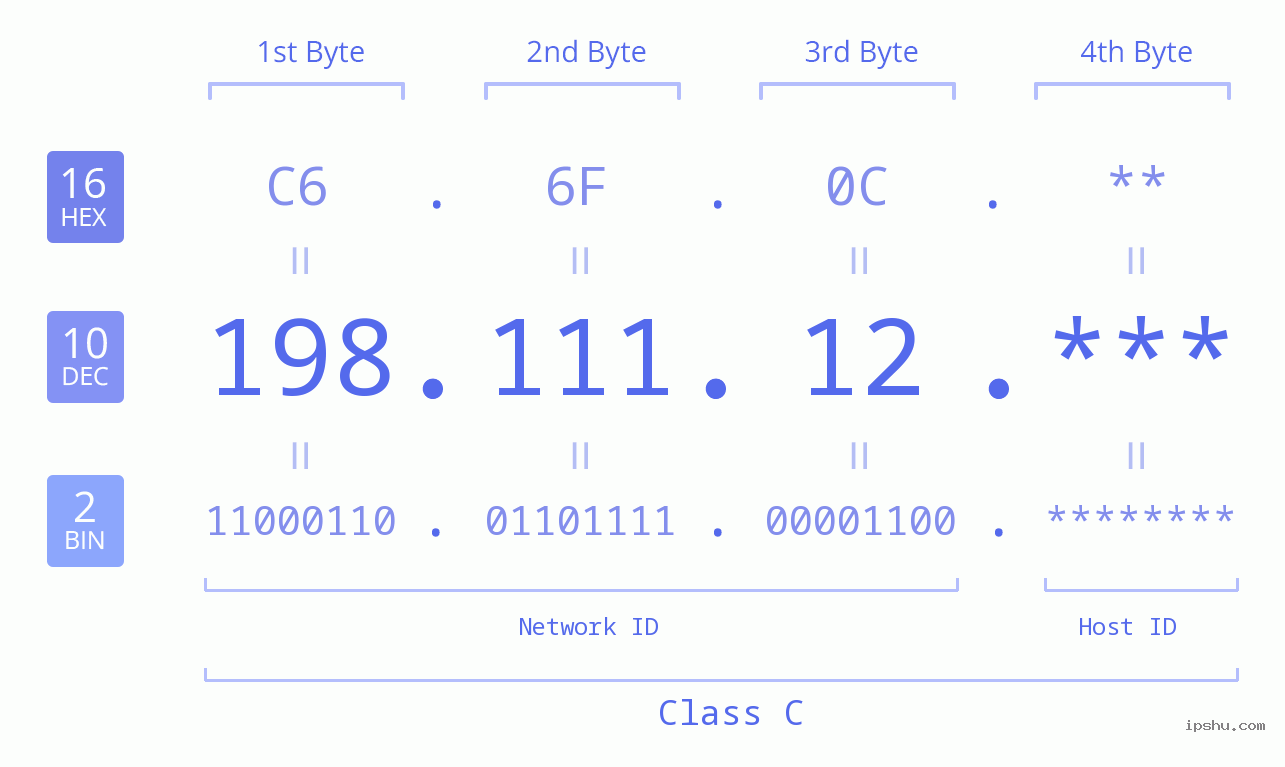 IP Address: 198.111.12 Data Structure Chart BIN DEC HEX IPv4: 198.111.12 Network Class, Net ID, Host ID