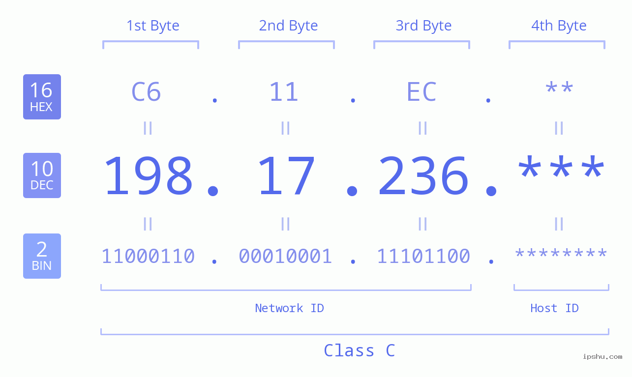 IP Address: 198.17.236 Data Structure Chart BIN DEC HEX IPv4: 198.17.236 Network Class, Net ID, Host ID