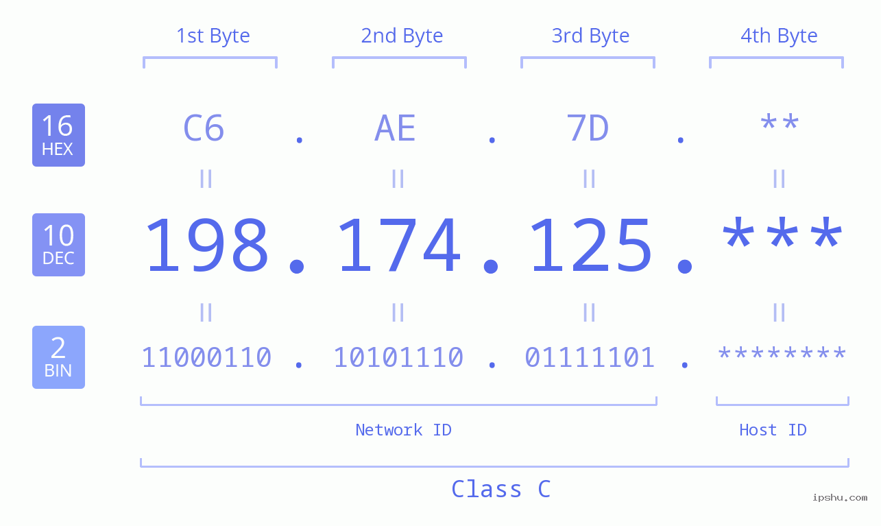 IP Address: 198.174.125 Data Structure Chart BIN DEC HEX IPv4: 198.174.125 Network Class, Net ID, Host ID