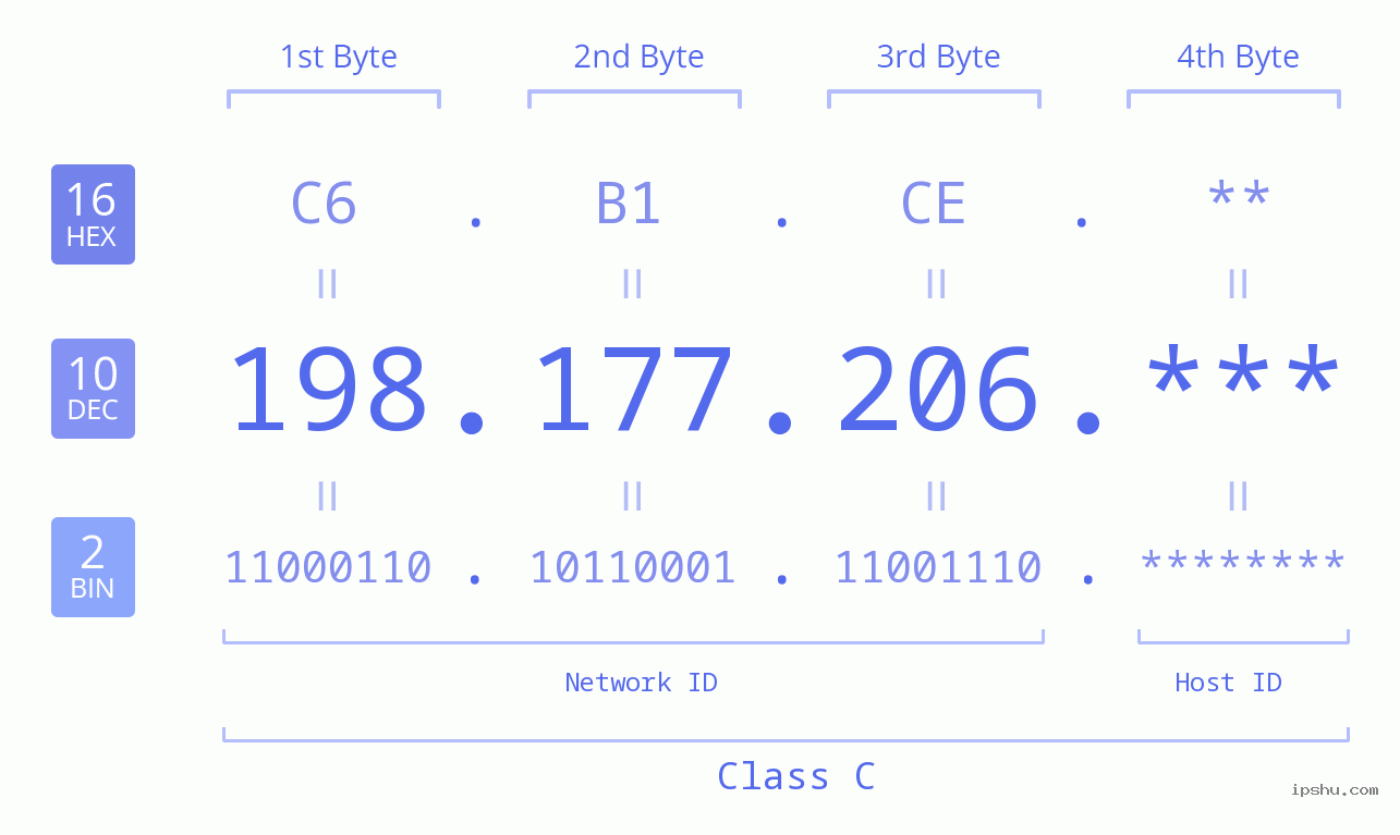 IP Address: 198.177.206 Data Structure Chart BIN DEC HEX IPv4: 198.177.206 Network Class, Net ID, Host ID