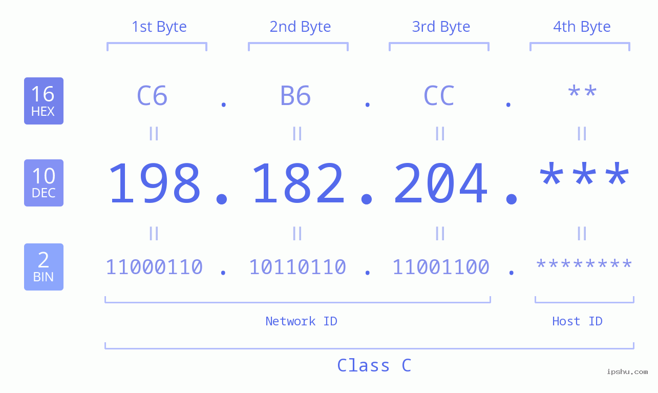 IP Address: 198.182.204 Data Structure Chart BIN DEC HEX IPv4: 198.182.204 Network Class, Net ID, Host ID
